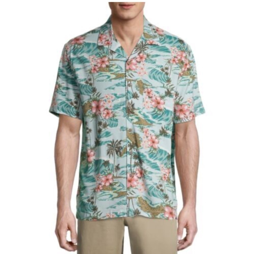 George Tropical Hawaiian Print Shirt Size XXL Green Pink White Teal